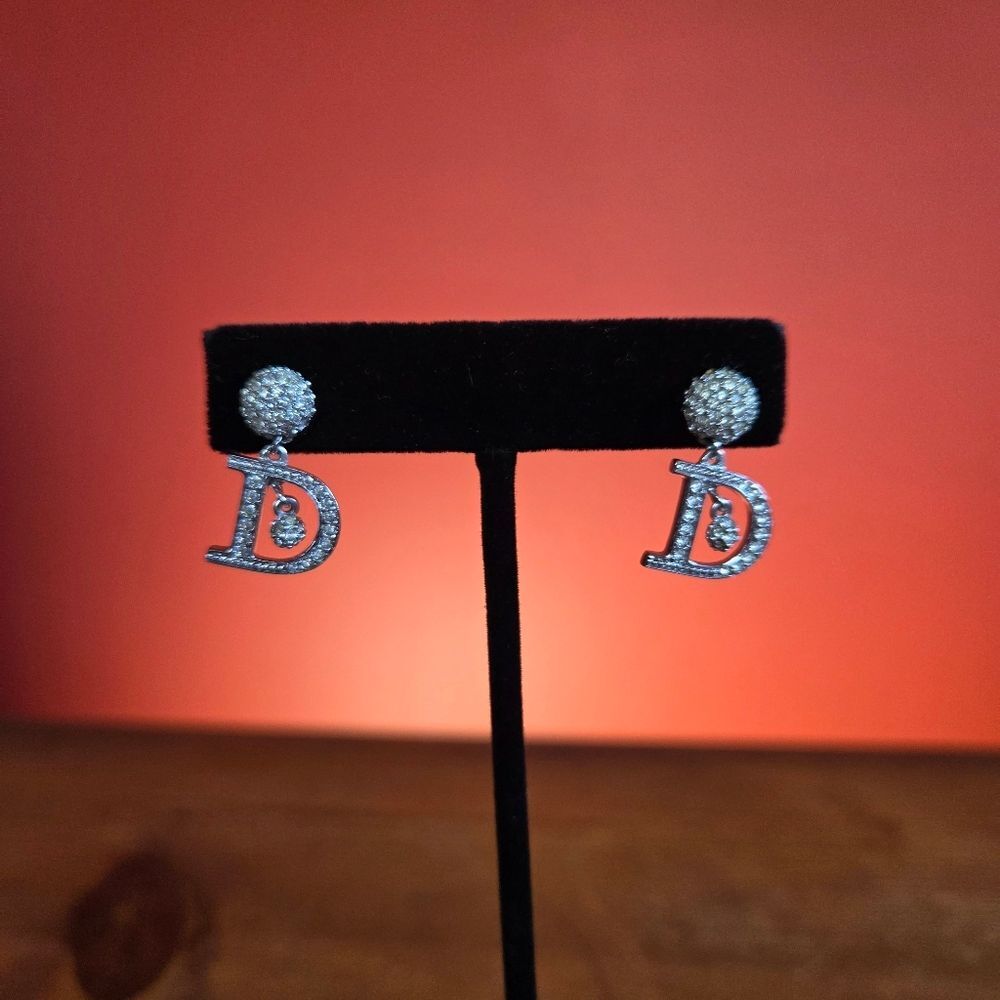 Vintage Y2K Dior Crystal D Embellished Drop Dangle Pierced Ears Earrings Silver - Picture 4 of 8